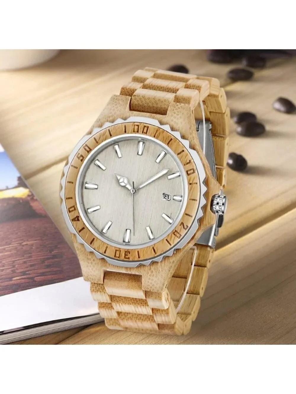 Men's Beige White Classic Handmade Round Bamboo Analog Date Quartz Wooden Watch